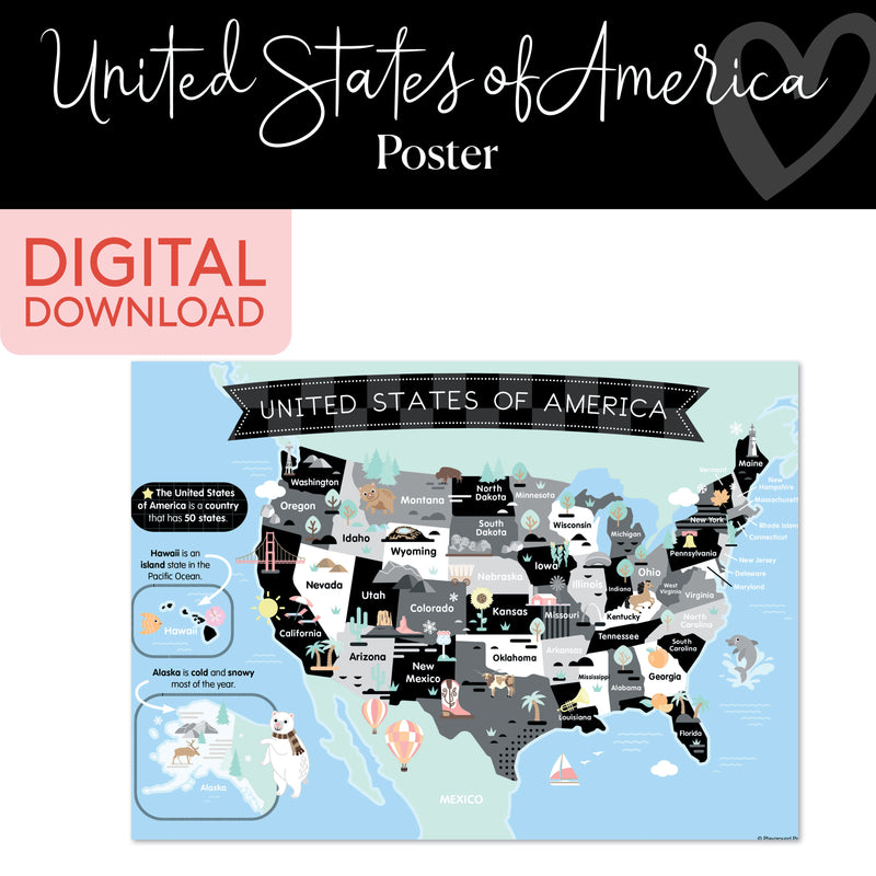 United States of America Map | Classroom Posters | Printable Classroom Decor | Schoolgirl Style