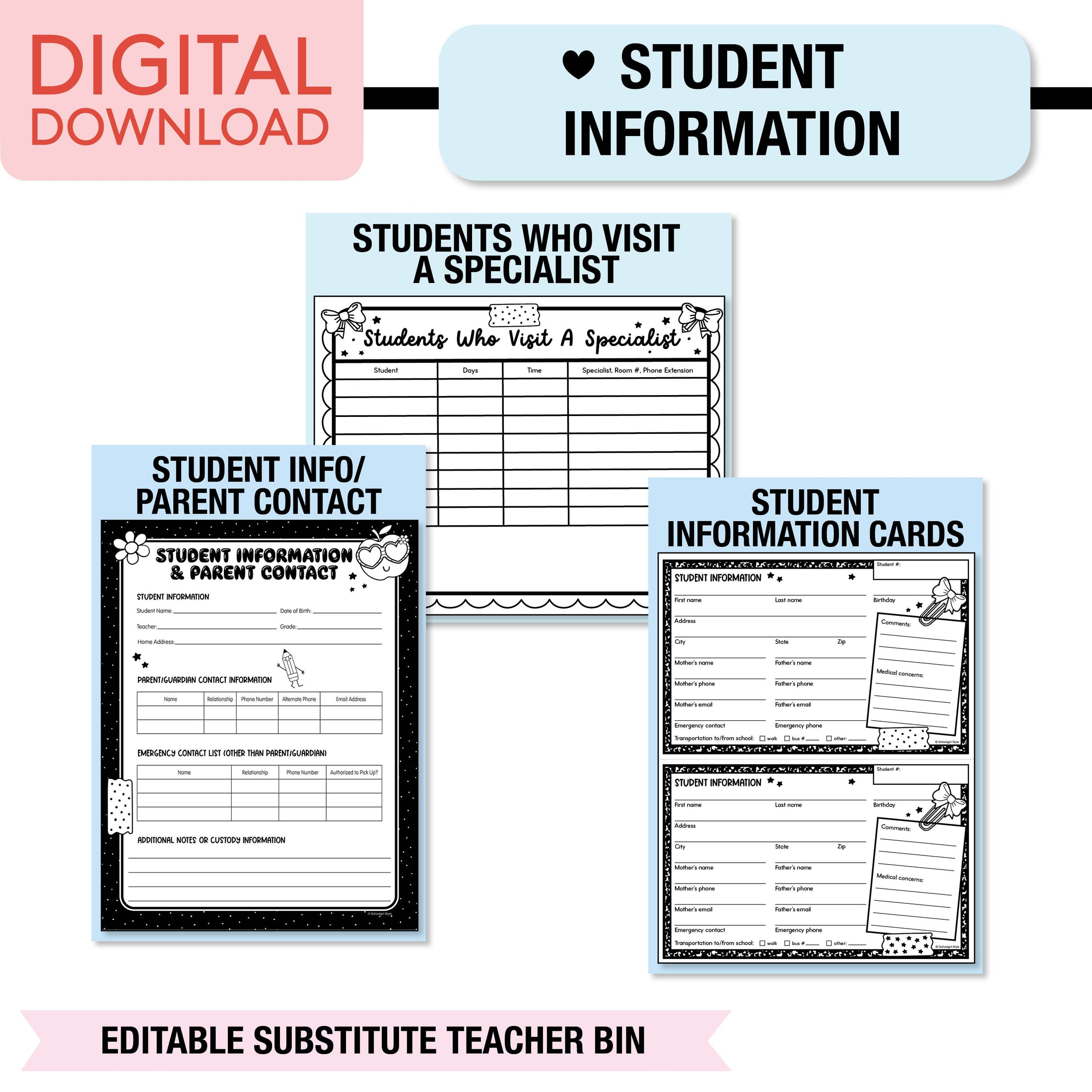 Printable Pastel Editable Substitute Teacher Bin and Forms