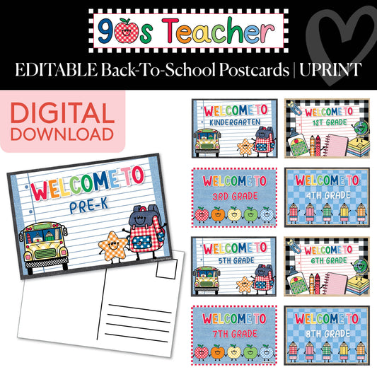 Printable Retro Editable Back-to-School Postcards | 90s Teacher