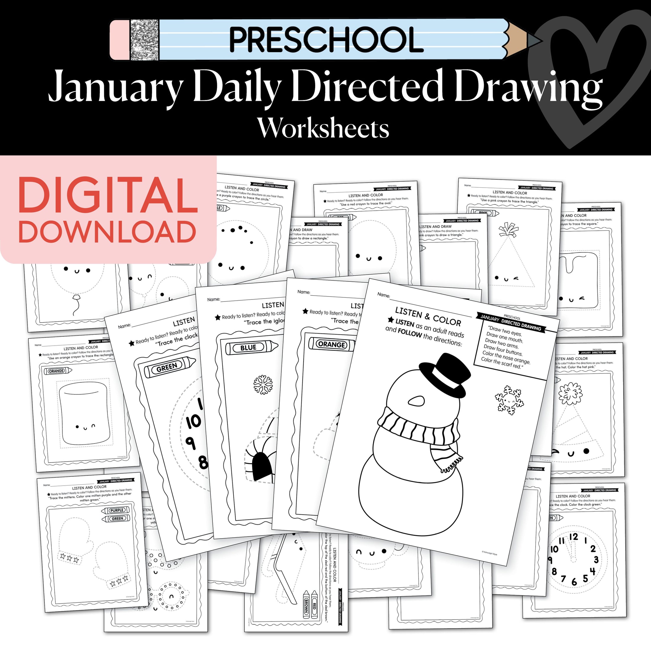 Printable Preschool January Directed Drawing Worksheets