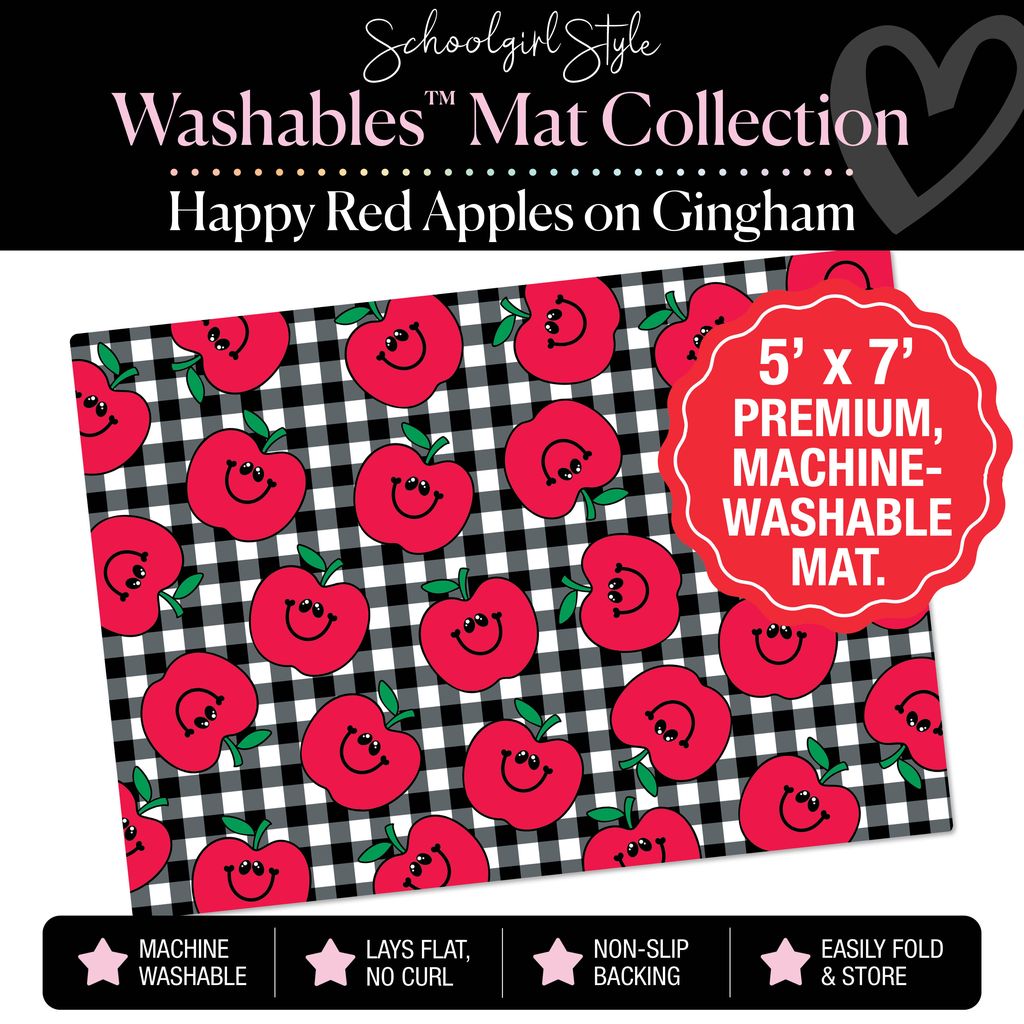 Happy Red Apples on Gingham Background Classroom Mat by Schoolgirl Style
