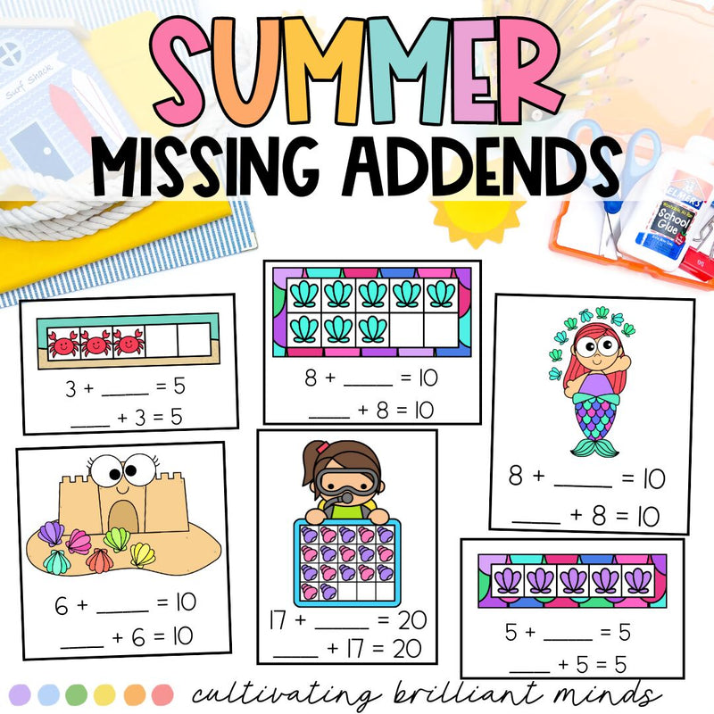 Summer Missing Addends Math Center | 5, 10, and 20 Frames | End of the Year