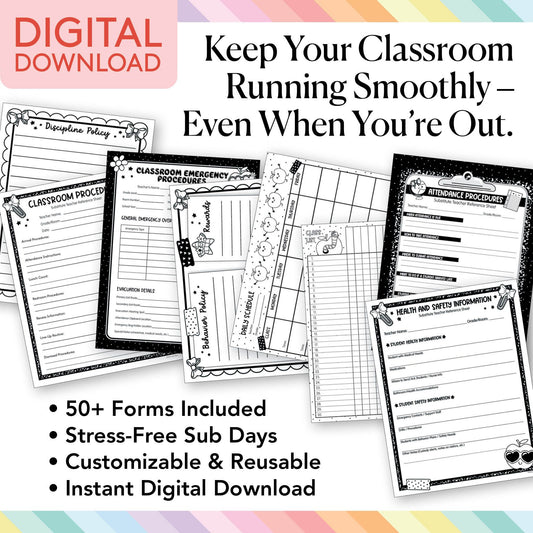 Printable Pastel Editable Substitute Teacher Bin and Forms