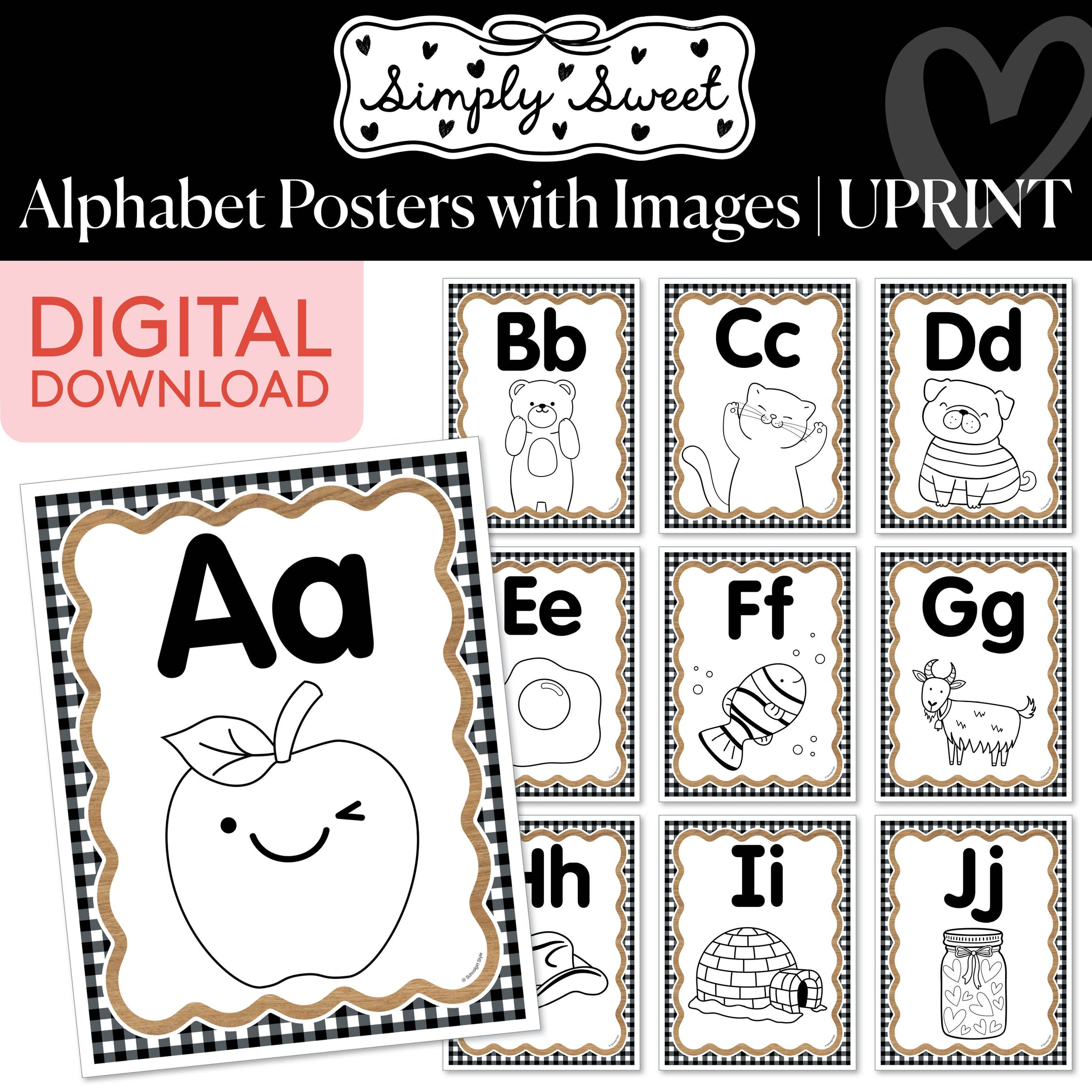 Printable Classic Black and White Alphabet Posters with Images | Simply Sweet