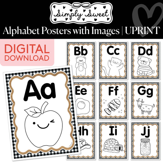 Printable Classic Black and White Alphabet Posters with Images | Simply Sweet