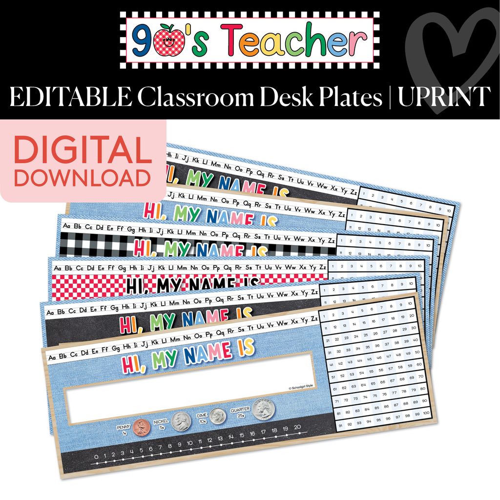 Printable Retro Editable Classroom Desk Plates | 90s Teacher