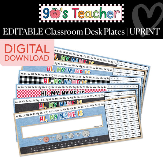 Printable Retro Editable Classroom Desk Plates | 90s Teacher