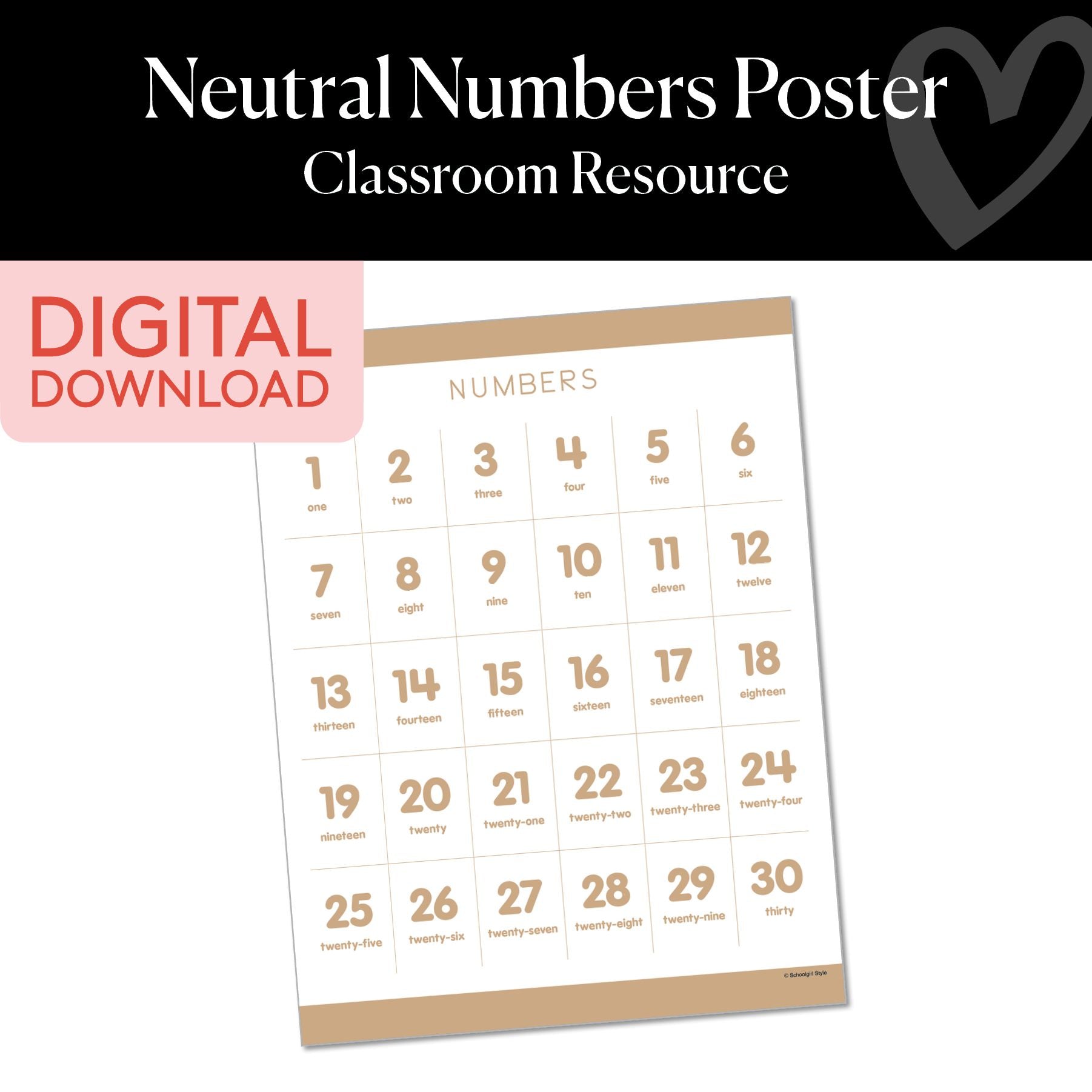 Printable Neutral Numbers 1–30 Poster – Schoolgirl Style