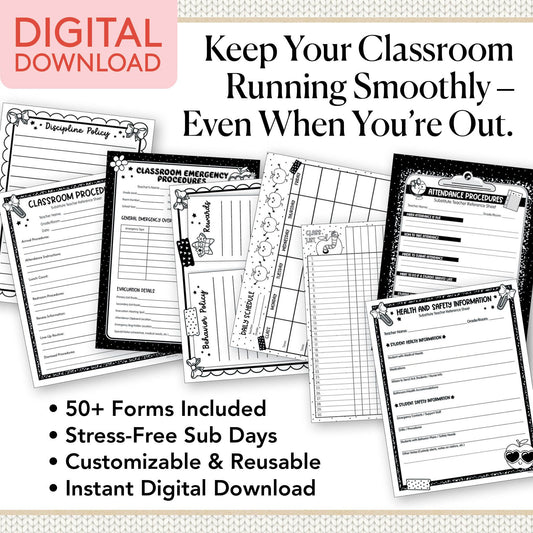 Printable Neutral Editable Substitute Teacher Bin and Forms | Cozy