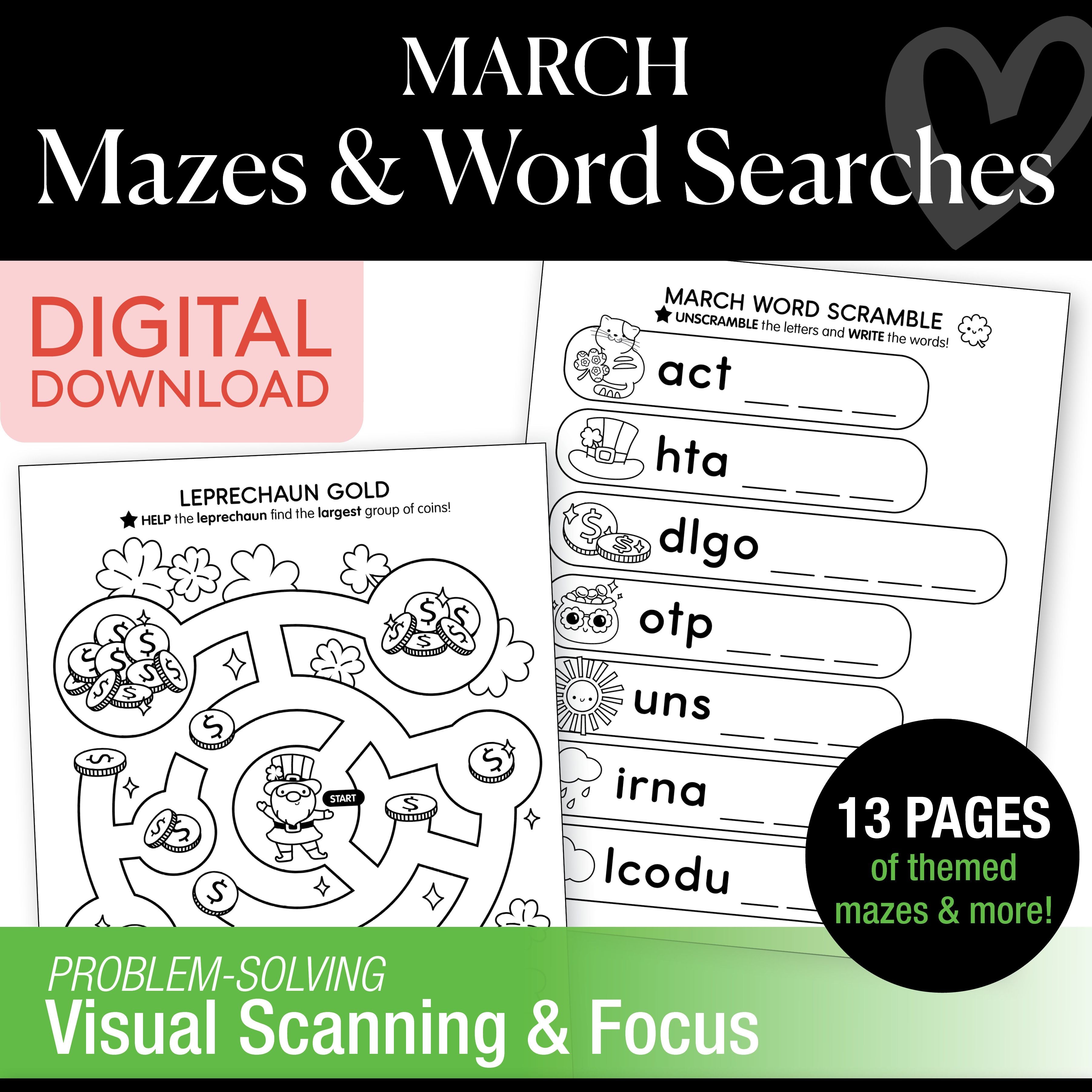 Printable March Mazes and Word Searches