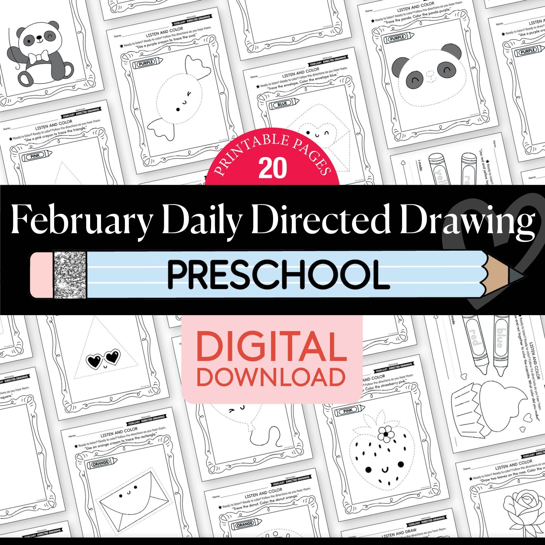 Printable Preschool February Directed Drawing Worksheets