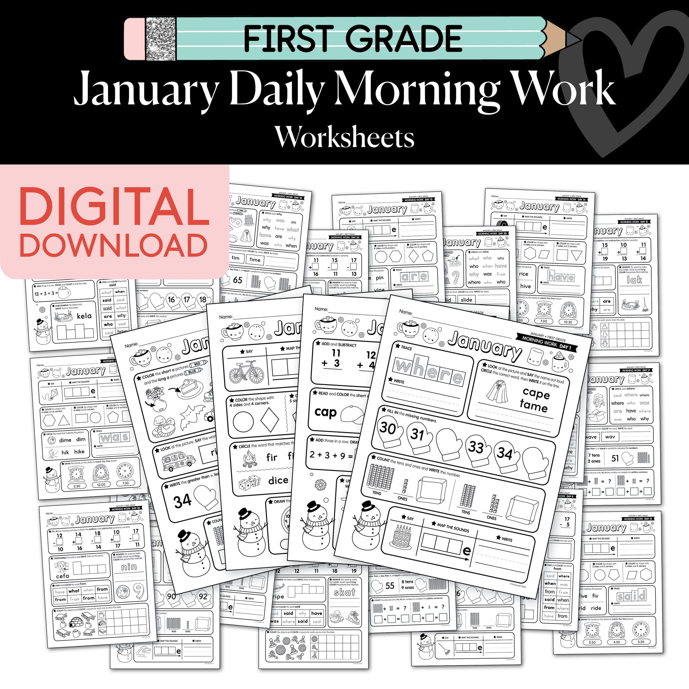 Printable First Grade January Daily Morning Work