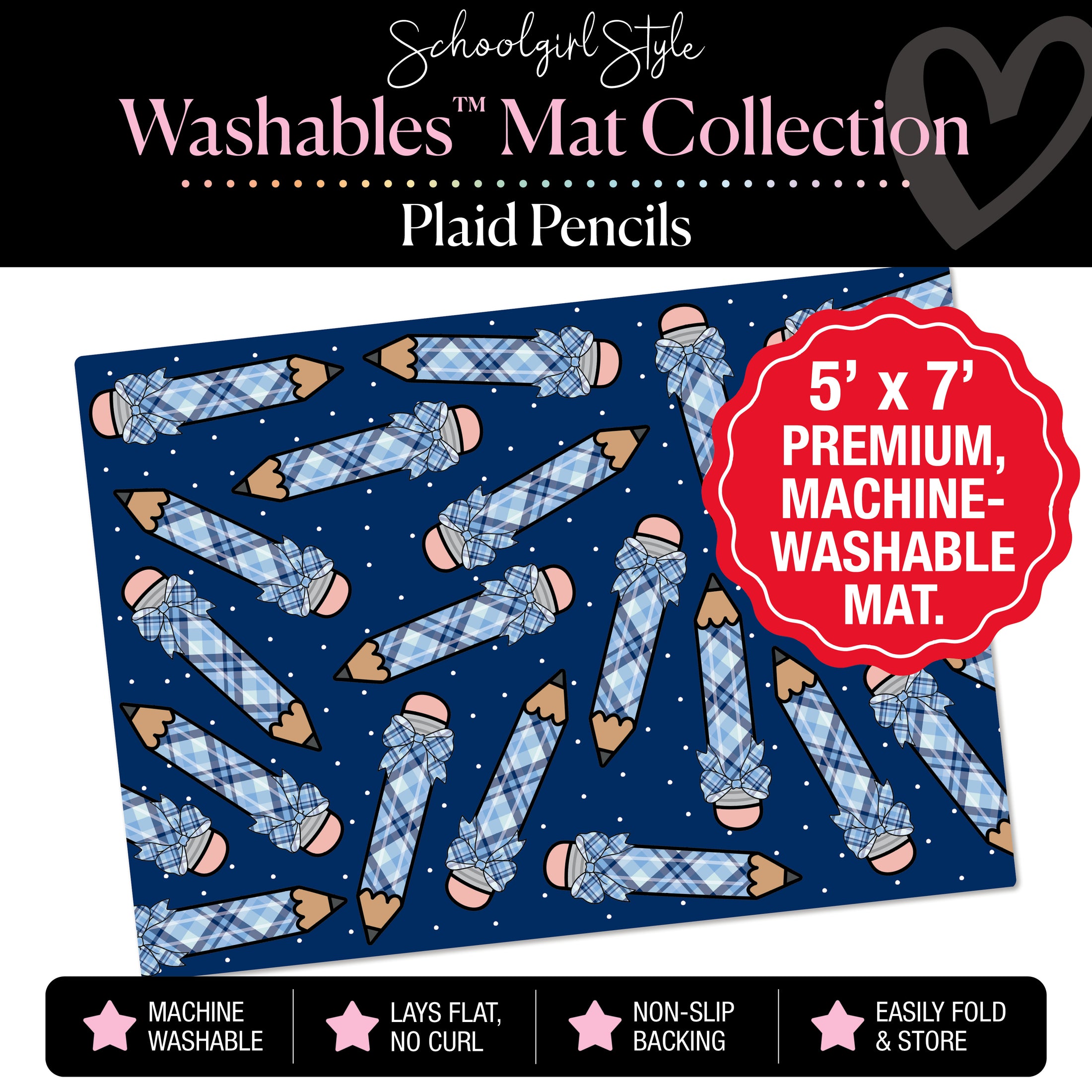 Plaid Pencils on Blue Background with White Polka Dots Classroom Mat by Schoolgirl Style