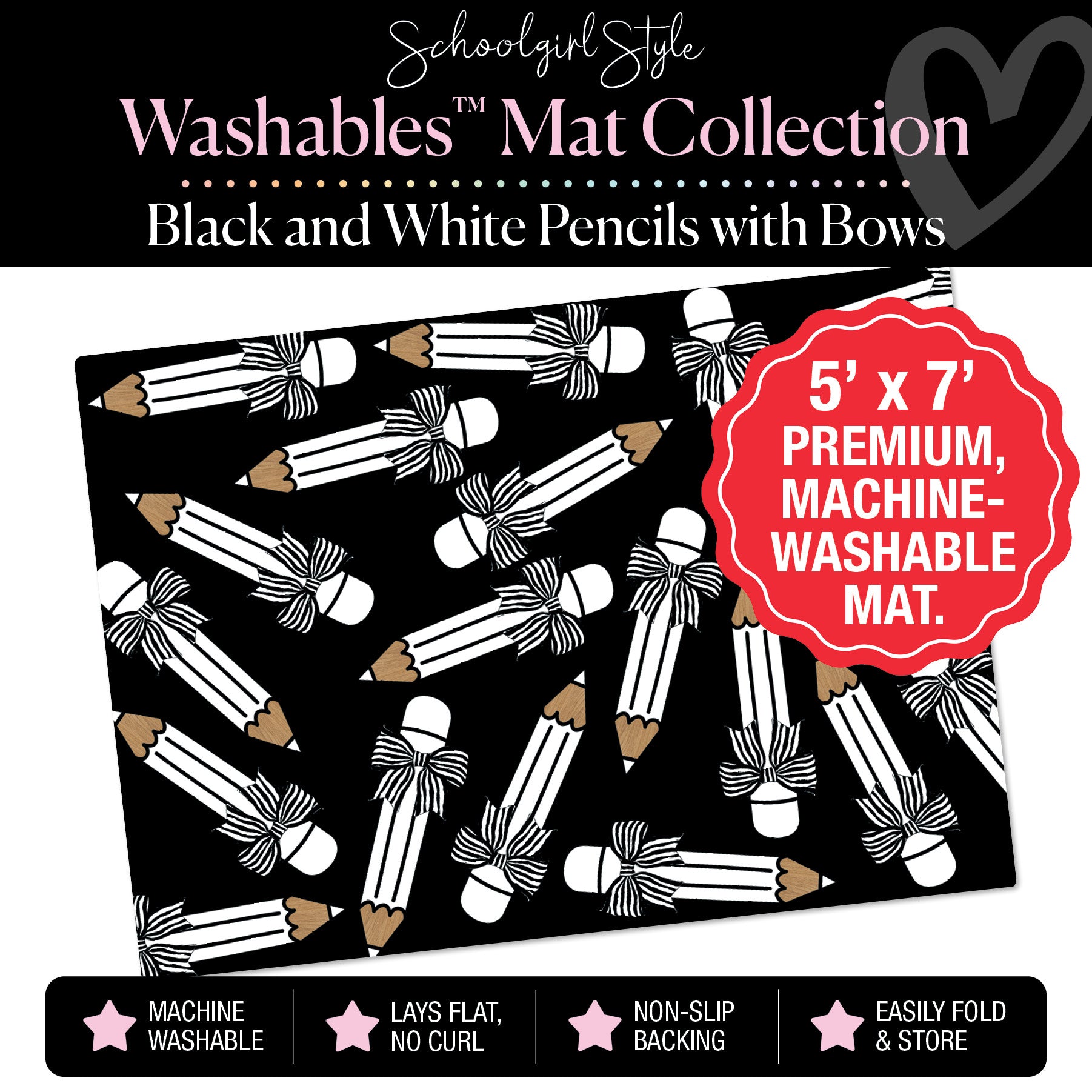 Scattered Black and White Pencils with Bows Classroom Mat by Schoolgirl Style