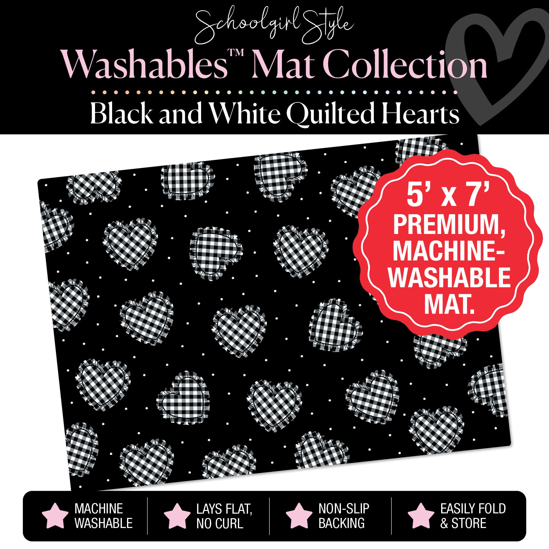 Quilted Ruffle Hearts on Black Polka Dot Background Classroom Mat by Schoolgirl Style
