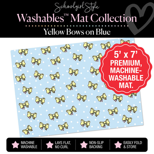 Pencil Bows on Blue Polka Dot Background Classroom Mat by Schoolgirl Style