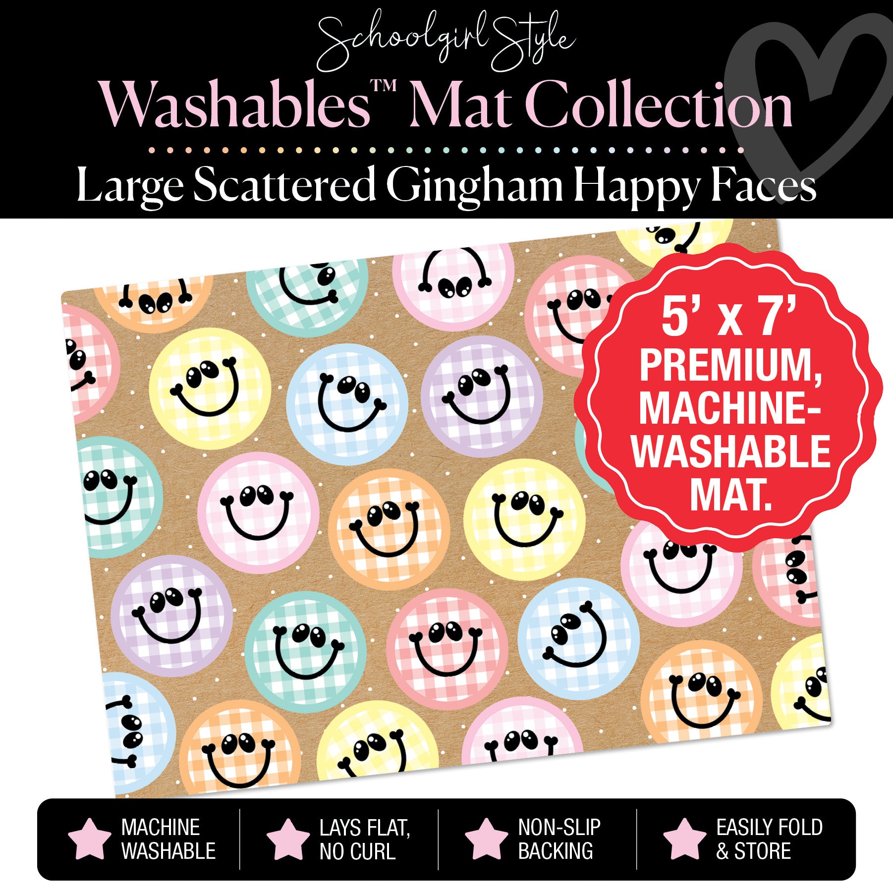 Large Scattered Gingham Pastel Happy Faces on Banner Backdrop Classroom Mat by Schoolgirl Style