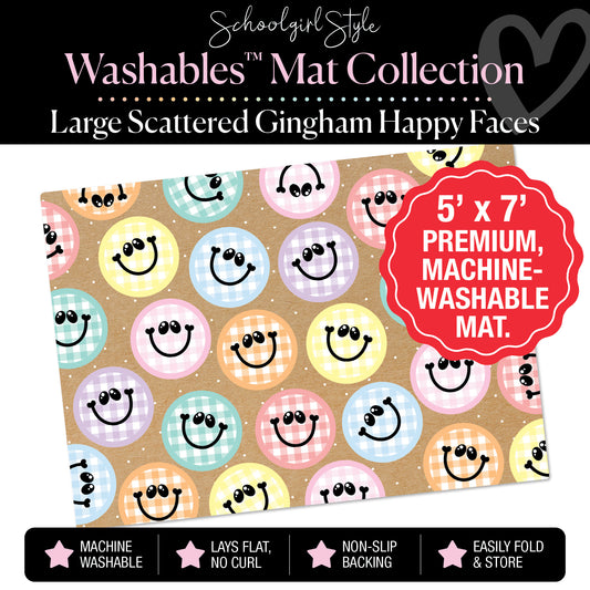 Large Scattered Gingham Pastel Happy Faces on Banner Backdrop Classroom Mat by Schoolgirl Style