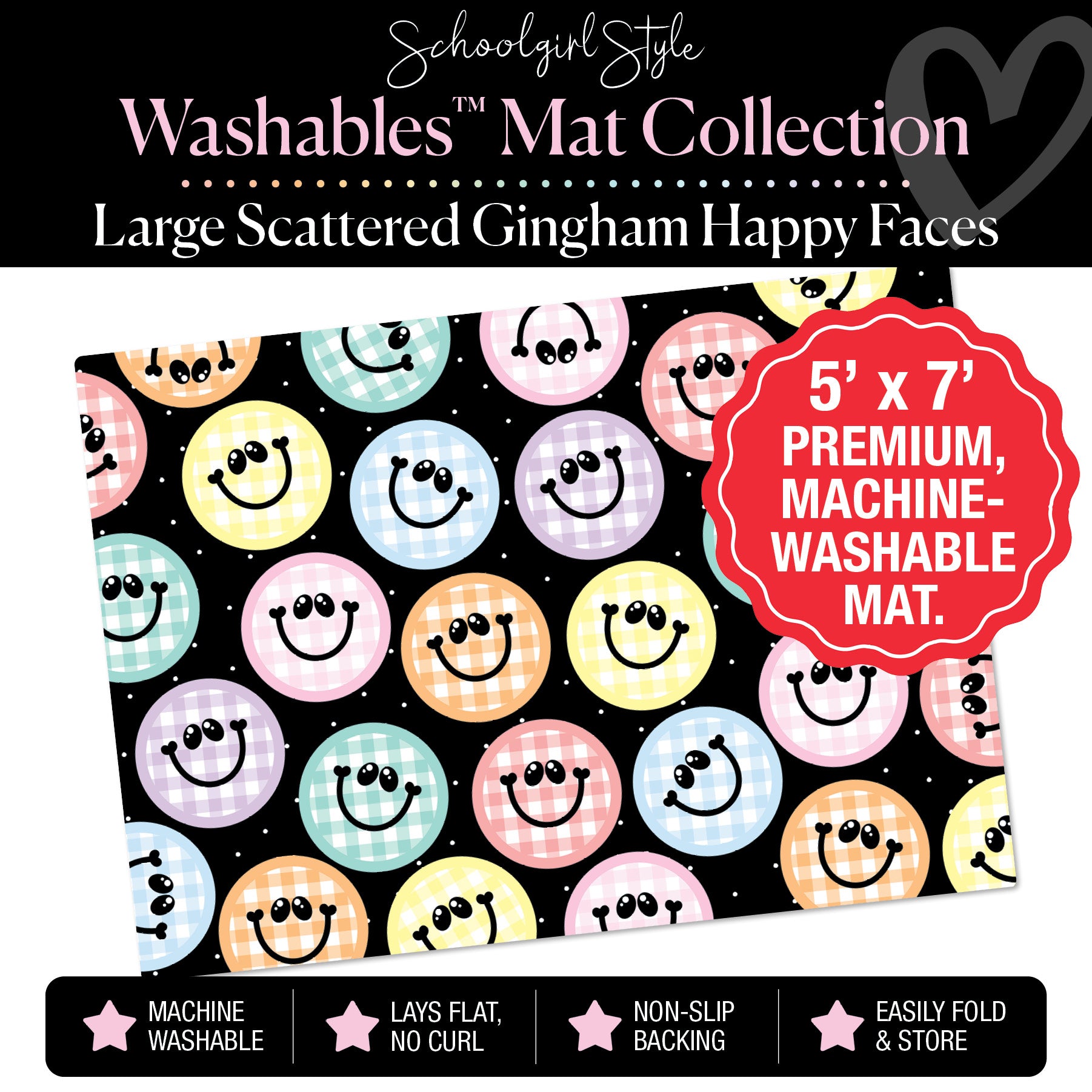 Large Scattered Gingham Pastel Happy Faces Classroom Rug by Schoolgirl Style
