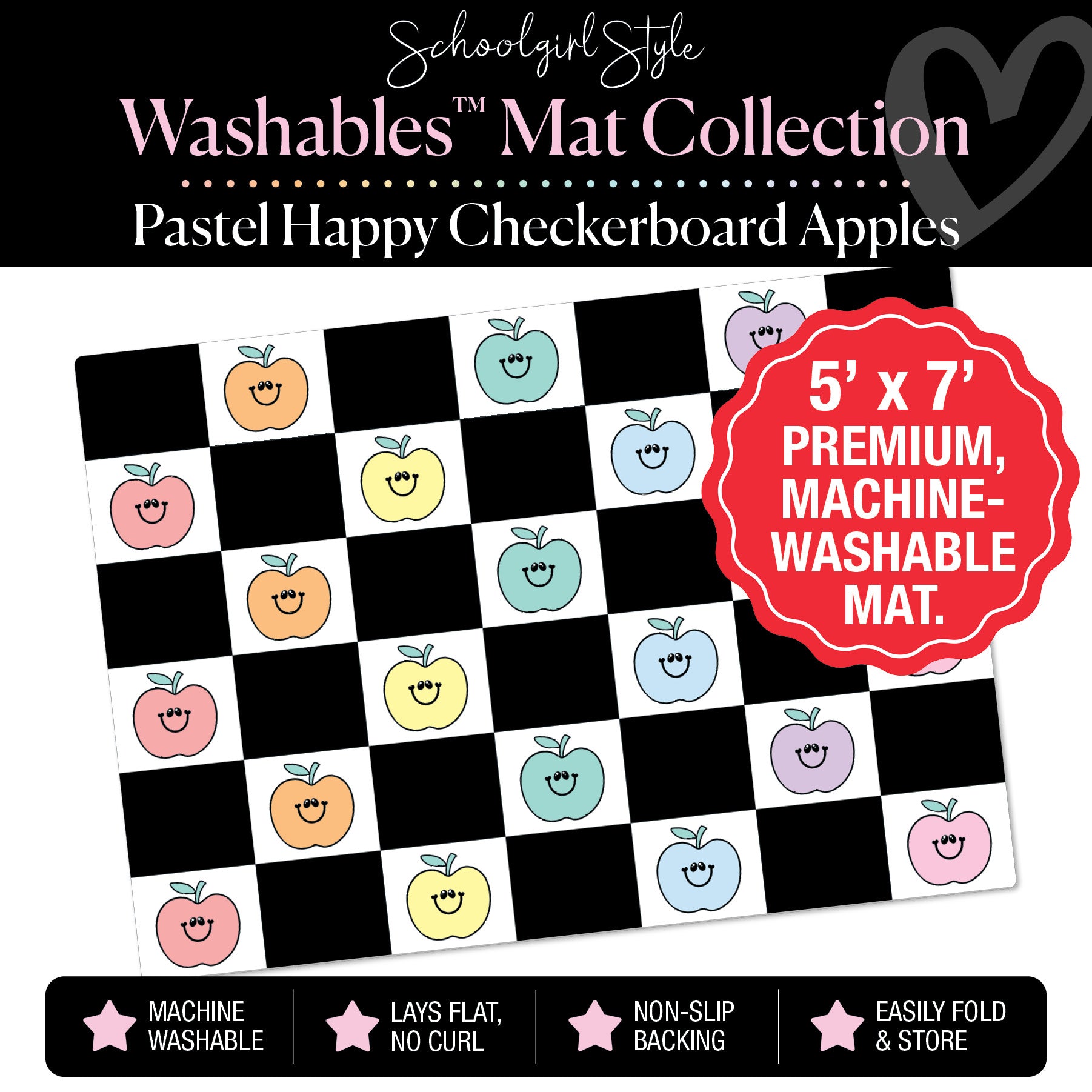 Pastel Happy Apples on Black and White Checkerboard Classroom Mat by Schoolgirl Style