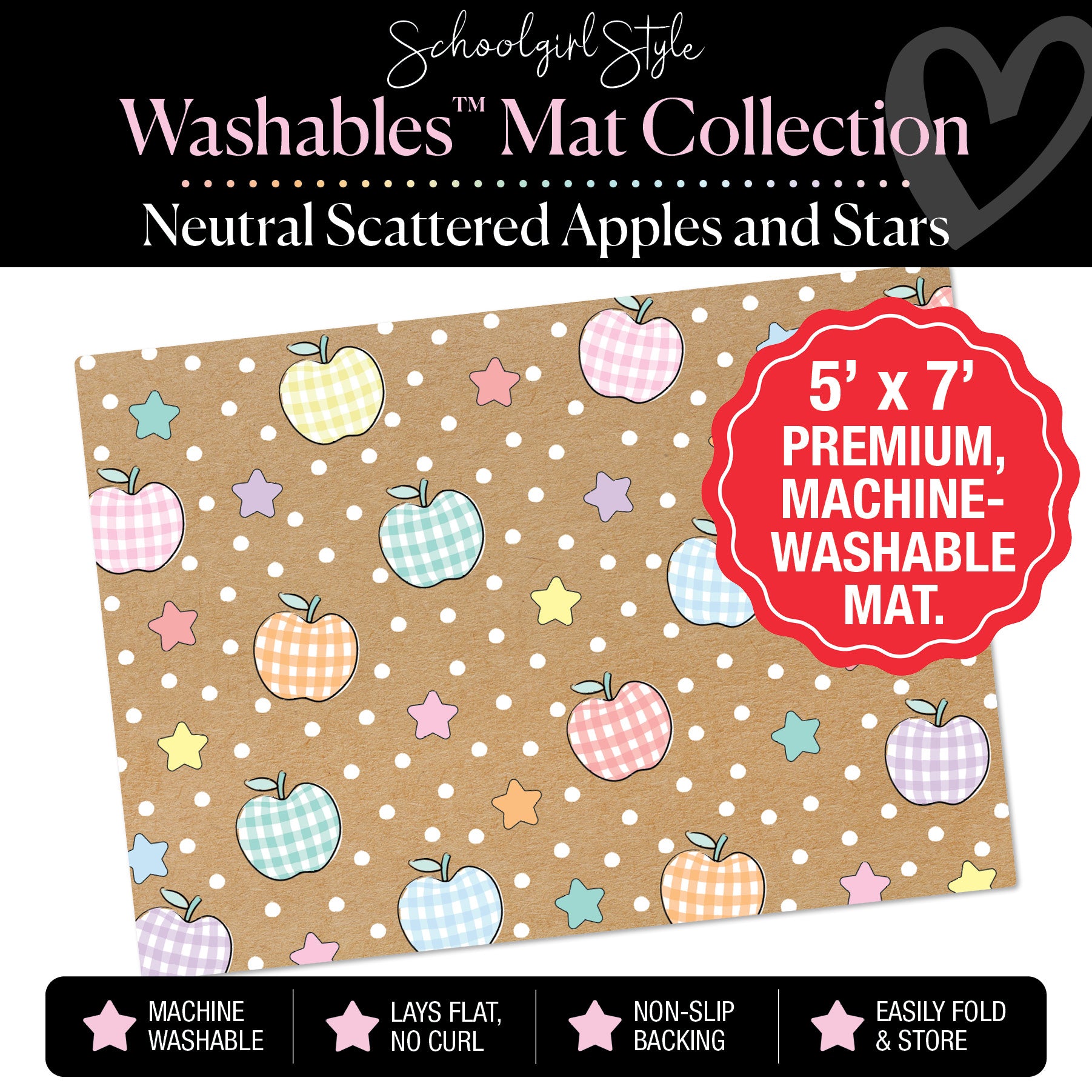 Scattered Pastel Apples, Stars and Polka Dots on Banner Backdrop Classroom Mat by Schoolgirl Style