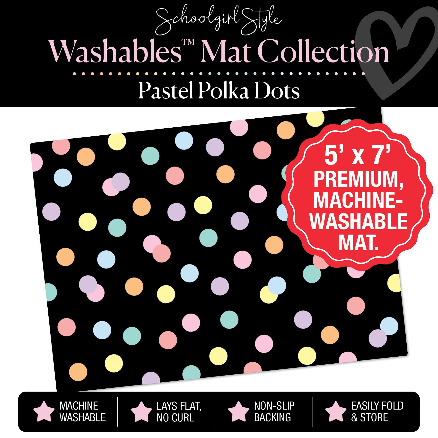 Scattered Pastel Polka Dots on Black Background Classroom Mat by Schoolgirl Style
