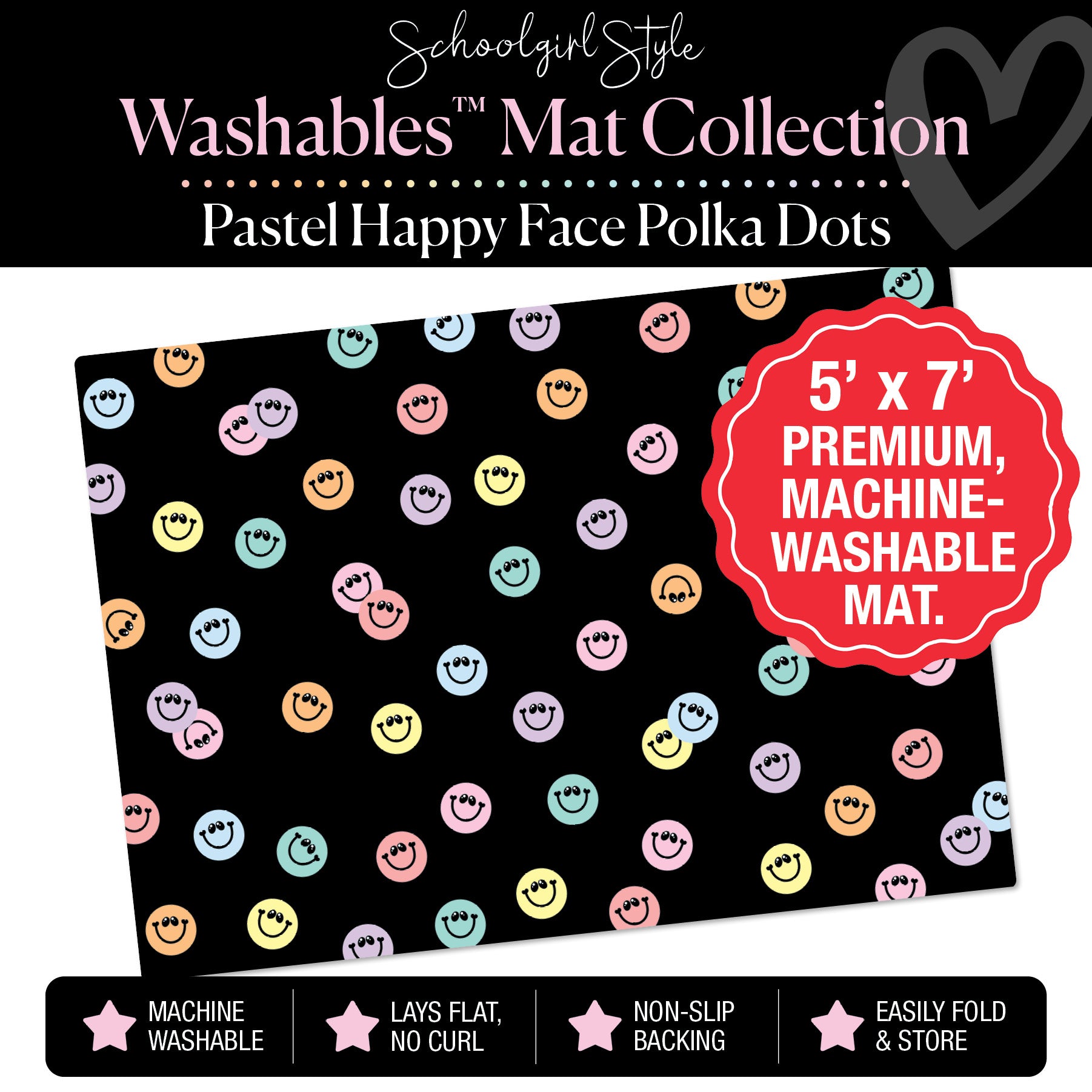 Scattered Pastel Happy Faces on Black Background Classroom Mat by Schoolgirl Style