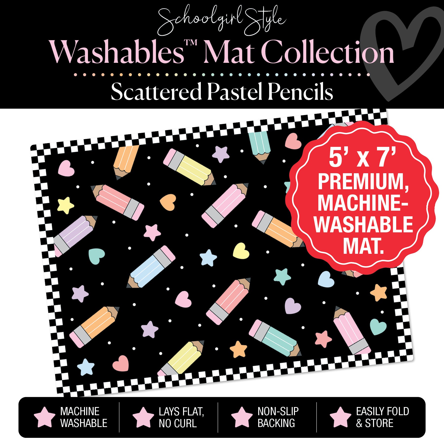Pastel Scattered Pencils on Black Background Classroom Mat by Schoolgirl Style