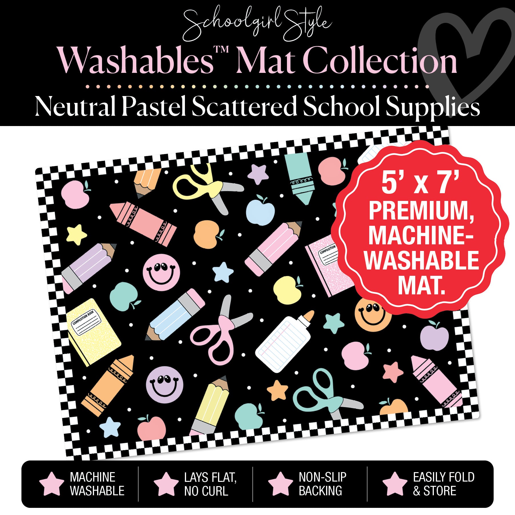 Pastel Scattered School Supplies with Checkerboard Border on Black Background Classroom Mat by Schoolgirl Style