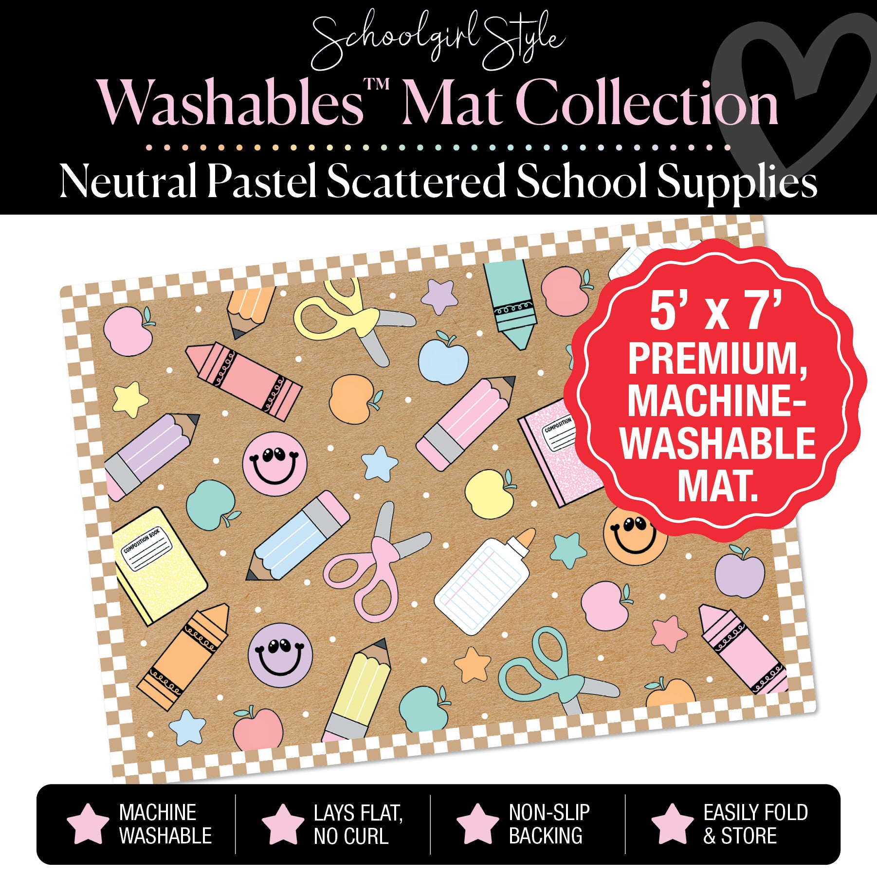 Pastel Scattered School Supplies with Checkerboard Border on Kraft Background Classroom Mat by Schoolgirl Style