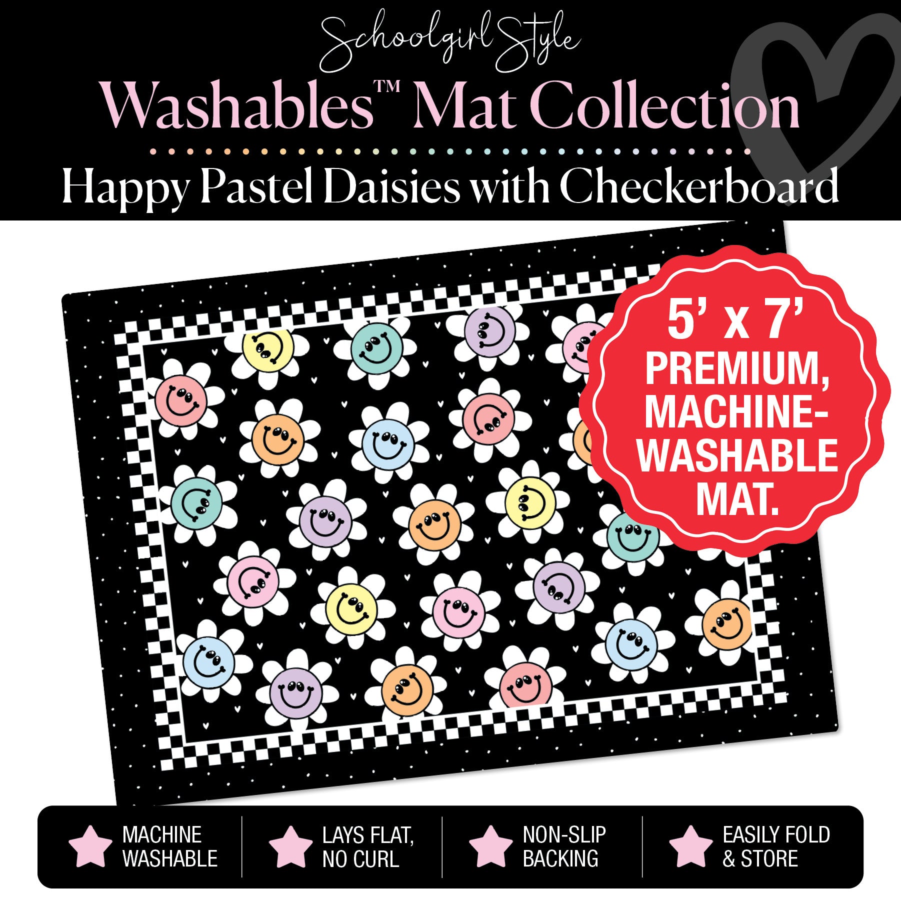 Happy Pastel Daisies with Checkerboard Border Classroom Mat by Schoolgirl Style