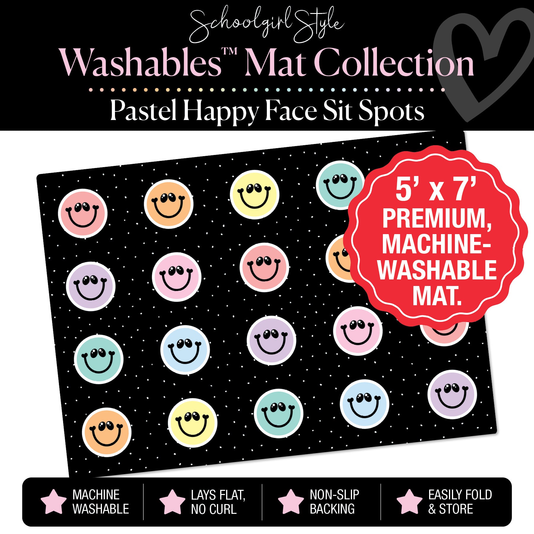Pastel Happy Faces Sit Spot on Black Polka Dot Classroom Mat by Schoolgirl Style