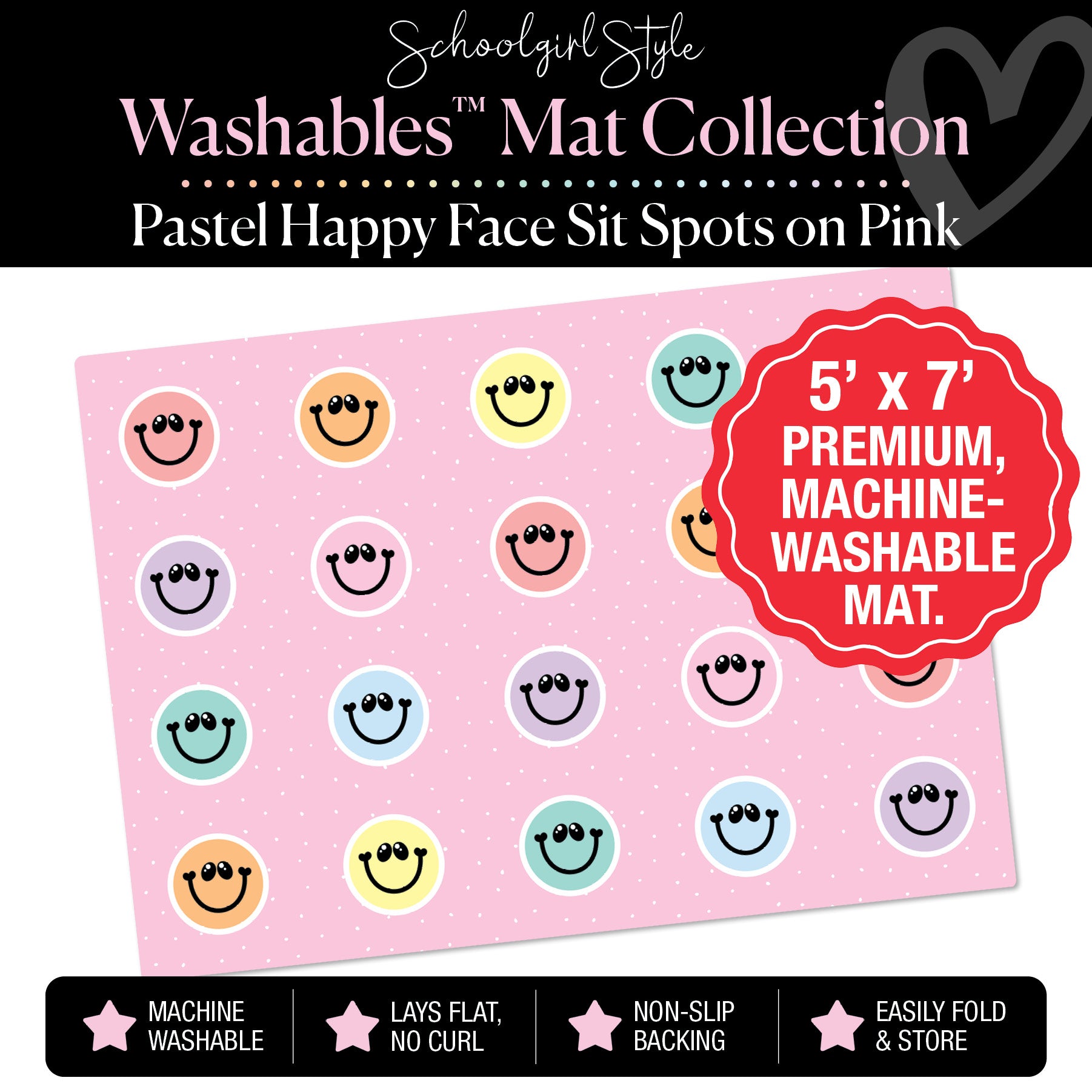 Pastel Happy Faces Sit Spot on Pink Polka Dot Classroom Mat by Schoolgirl Style