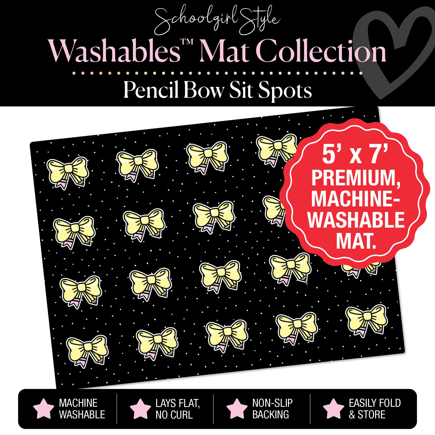 Pencil Bow Sit Spot on Black Polka Dot Classroom Mat by Schoolgirl Style