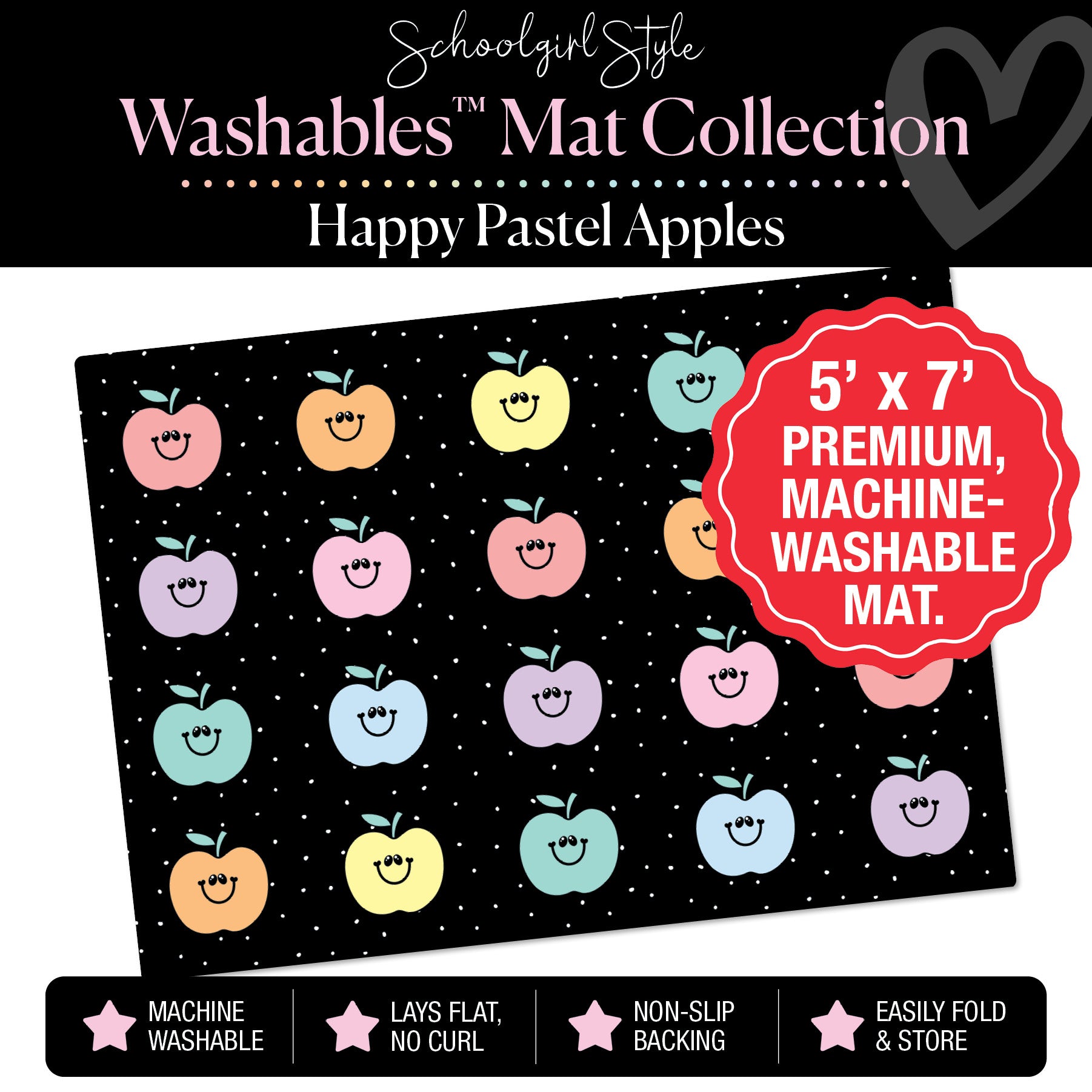 Pastel Apple Sit Spot on Black Background Classroom Mat by Schoolgirl Style