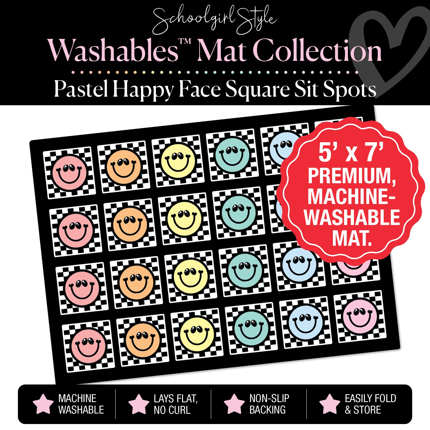 Pastel Happy Faces on Checkerboard Background Squares Sit Spot Classroom Mat by Schoolgirl Style