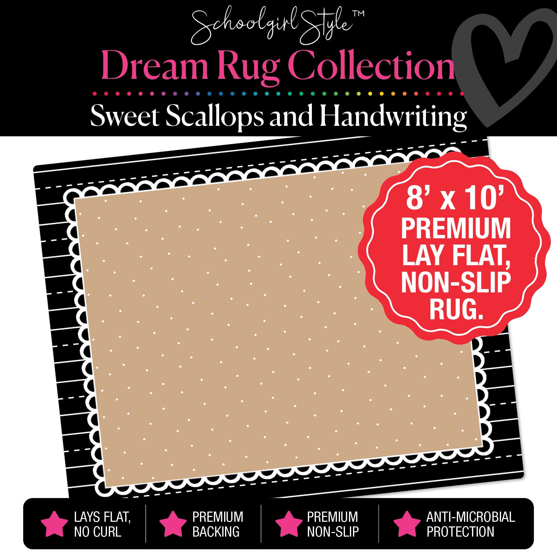 Tiny Polka Dots on Banner Backdrop with Handwriting Practice Border Classroom Rug by Schoolgirl Style