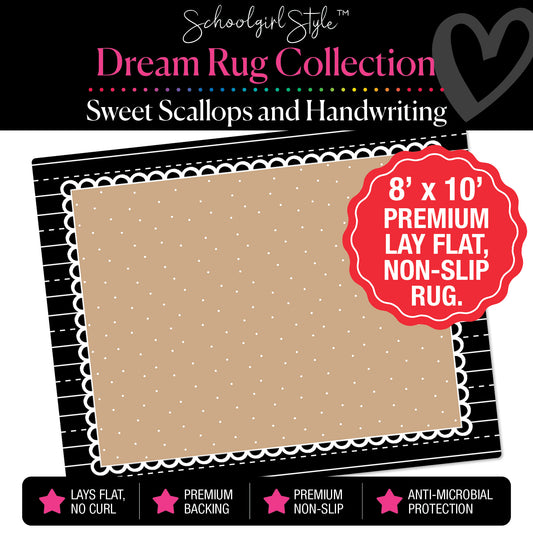 Tiny Polka Dots on Banner Backdrop with Handwriting Practice Border Classroom Rug by Schoolgirl Style