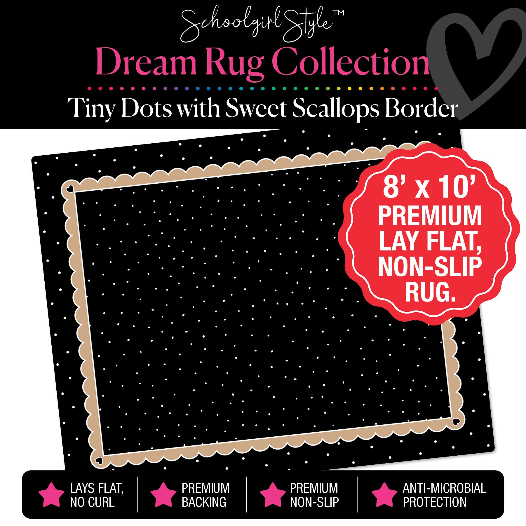 Black and White Tiny Dots with Banner Border Classroom Rug by Schoolgirl Style