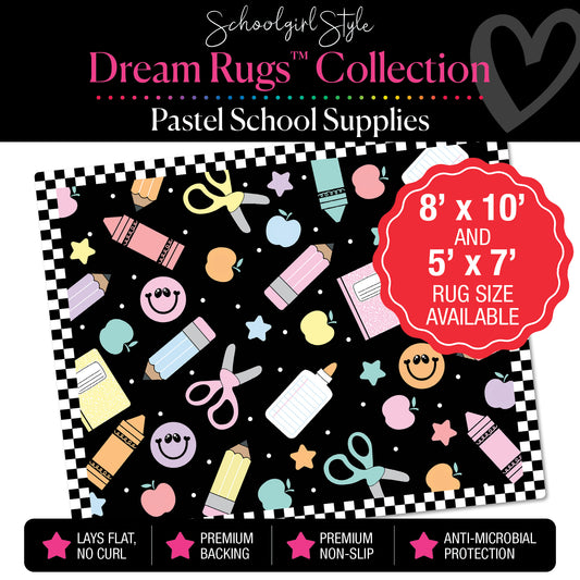 Pastel Scattered School Supplies with Checkerboard Border on Black Background Classroom Rug by Schoolgirl Style