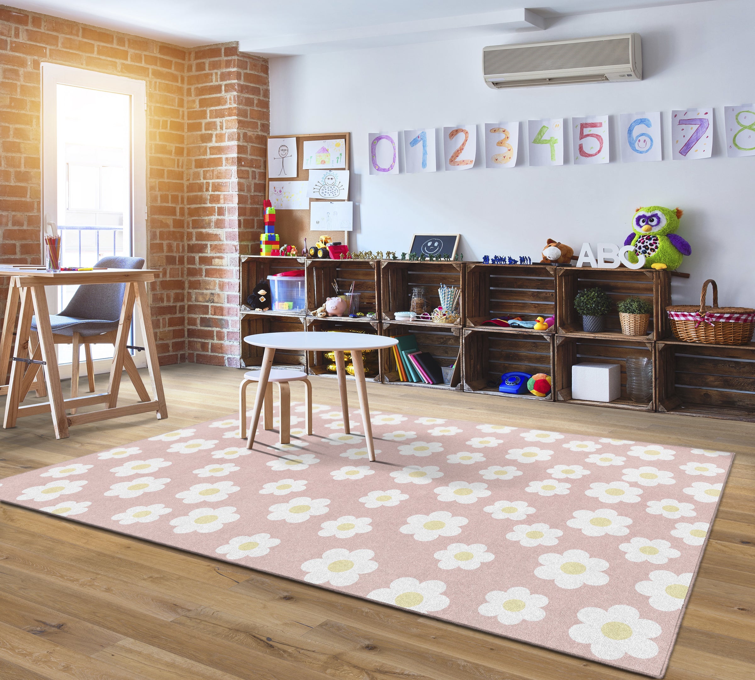 Retro Daisies on Pink Rug | Retro Classroom Rug | Here Comes the Sun ...