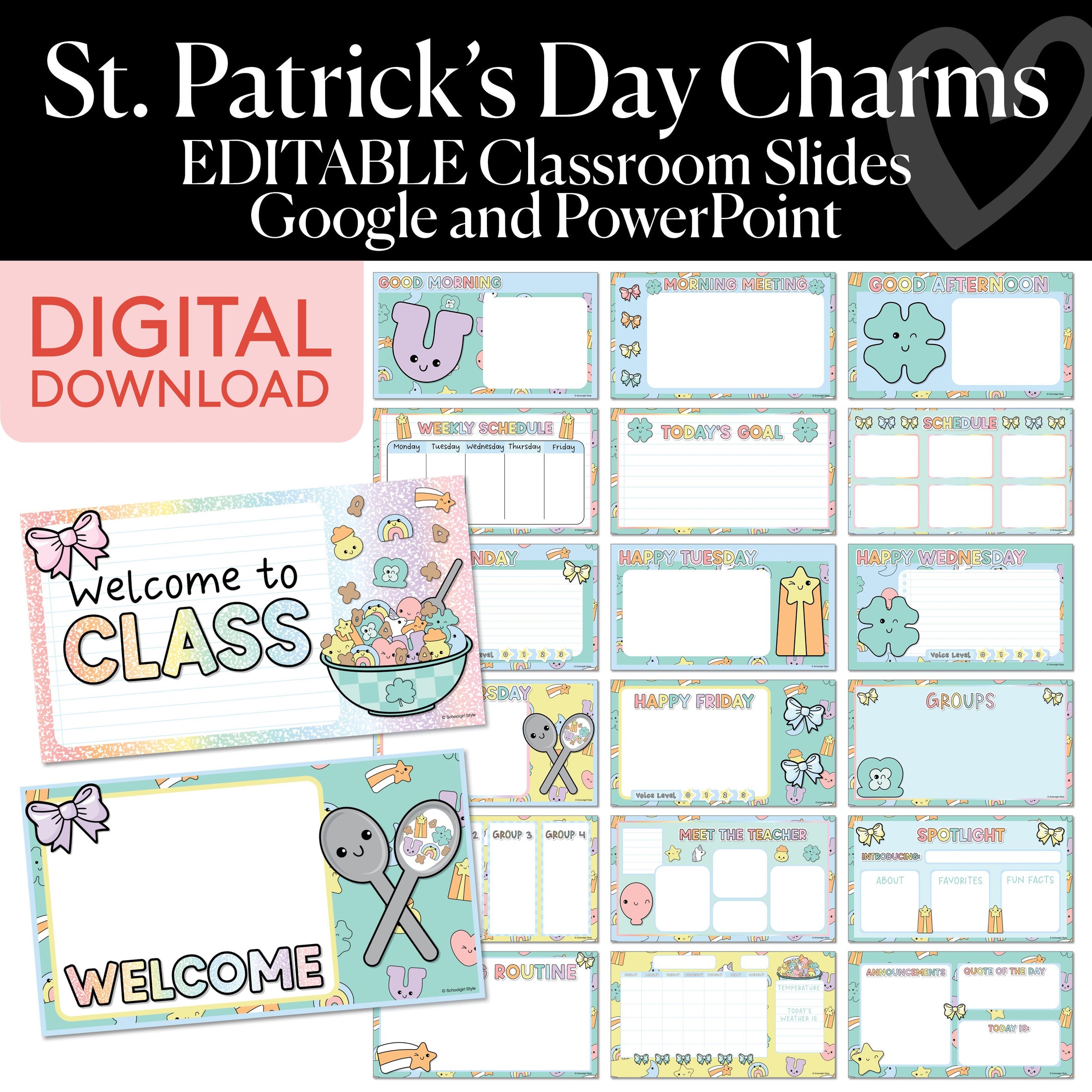 March Editable Google and Powerpoint Classroom Slides | St. Patrick's Day Charms