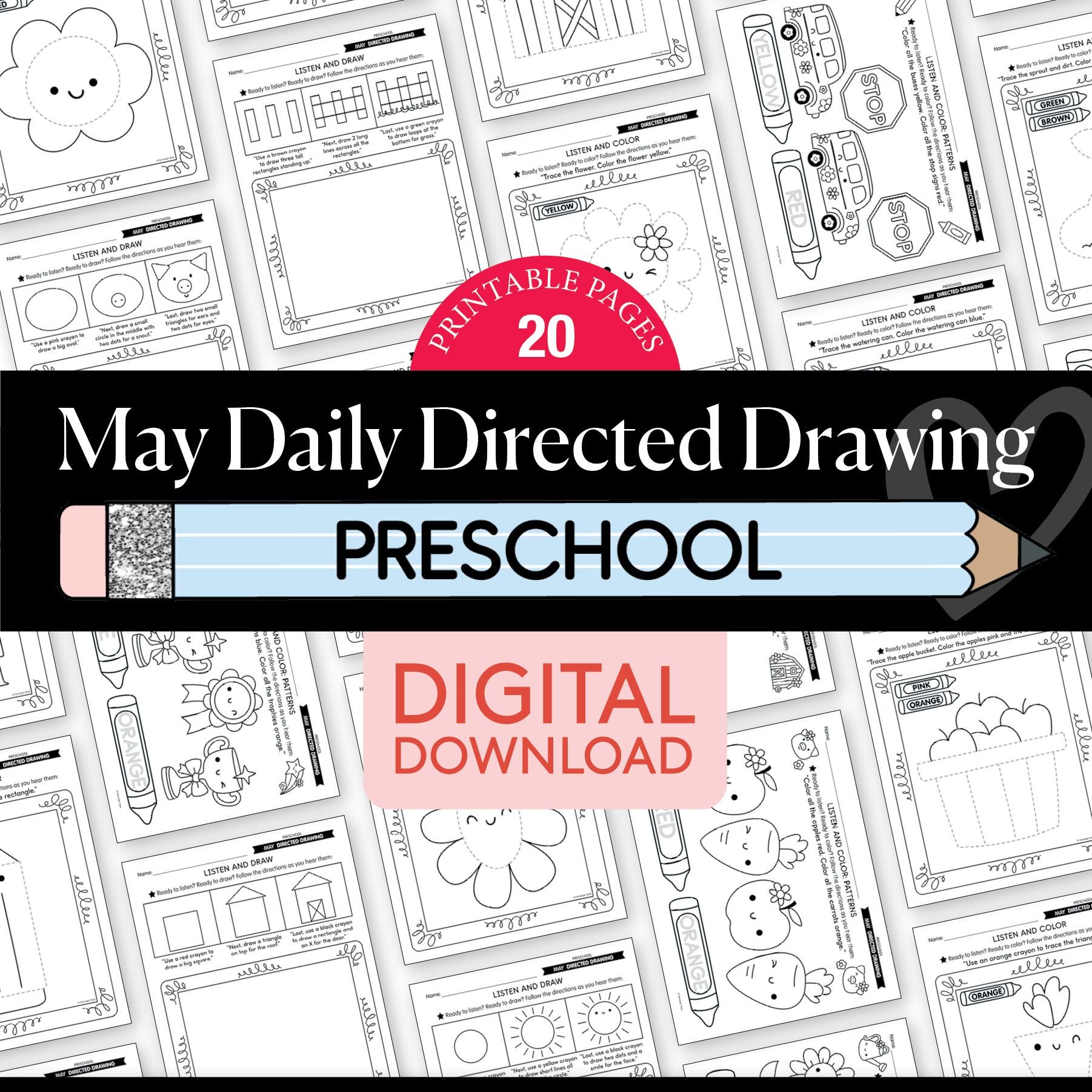 Printable Preschool May Daily Directed Drawing