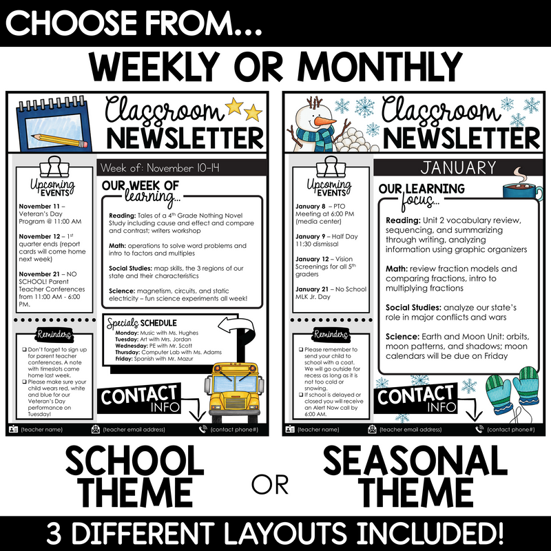 Editable Classroom Newsletters Monthly Weekly Templates for Parent Communication