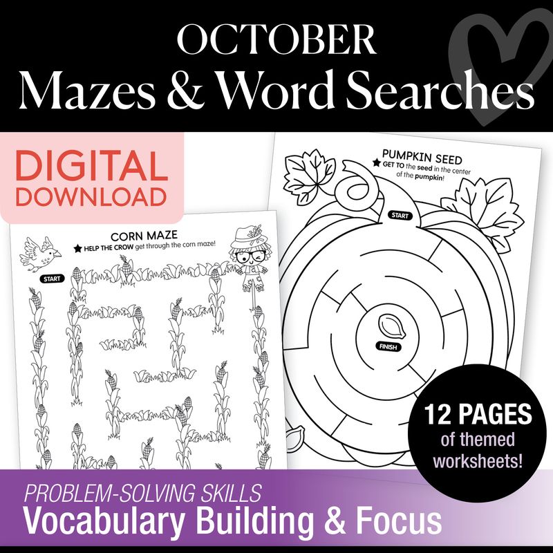 Printable October Mazes and Word Searches