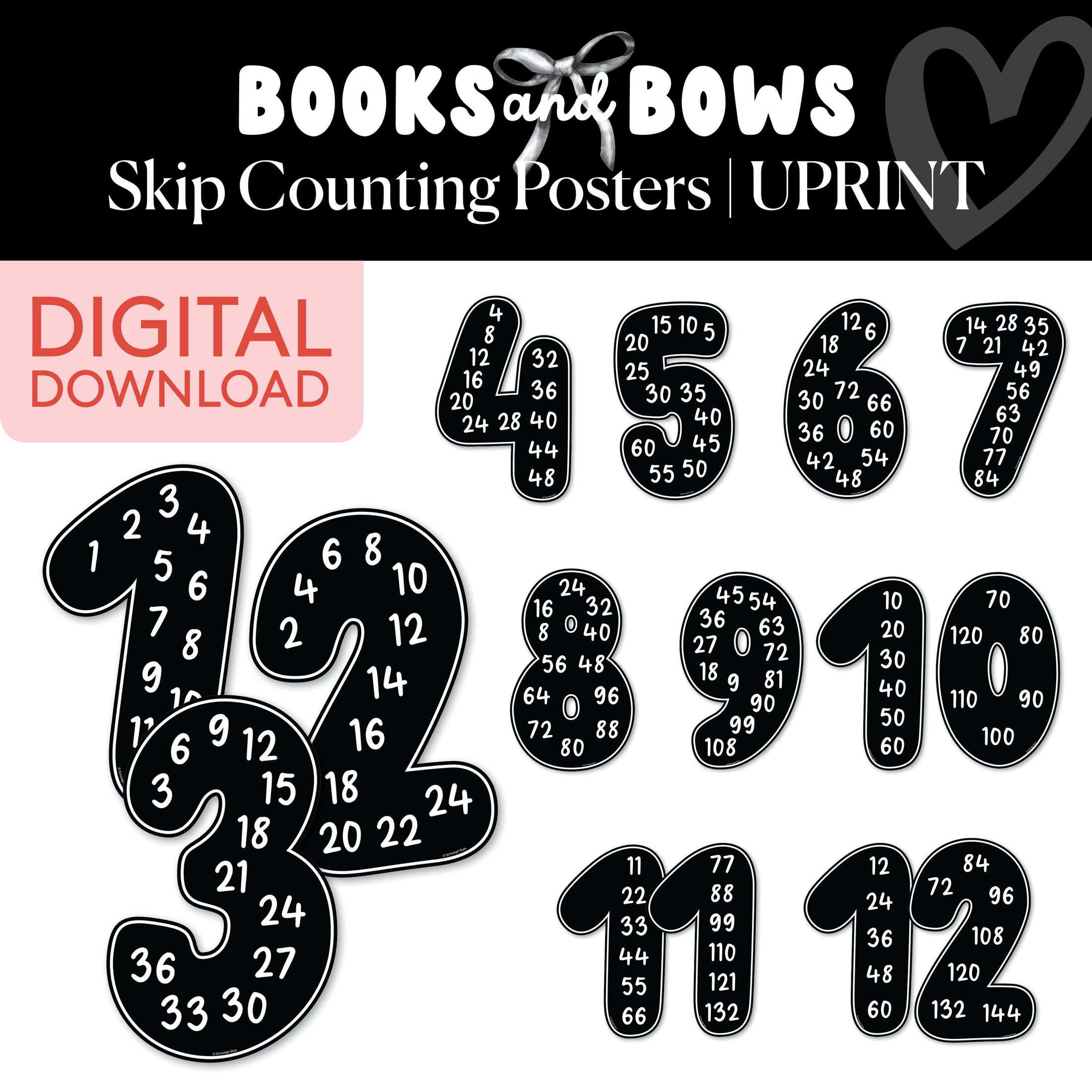 Printable Black and White Skip Counting Posters | Books and Bows