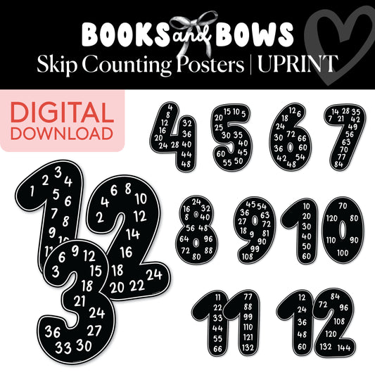 Printable Black and White Skip Counting Posters | Books and Bows