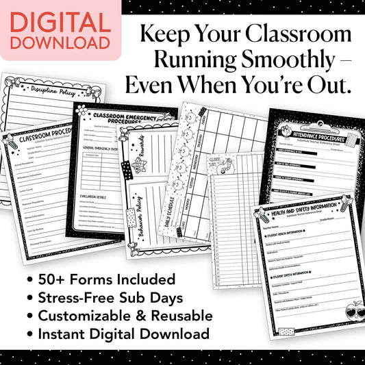 Printable Black and White Editable Substitute Teacher Bin and Forms