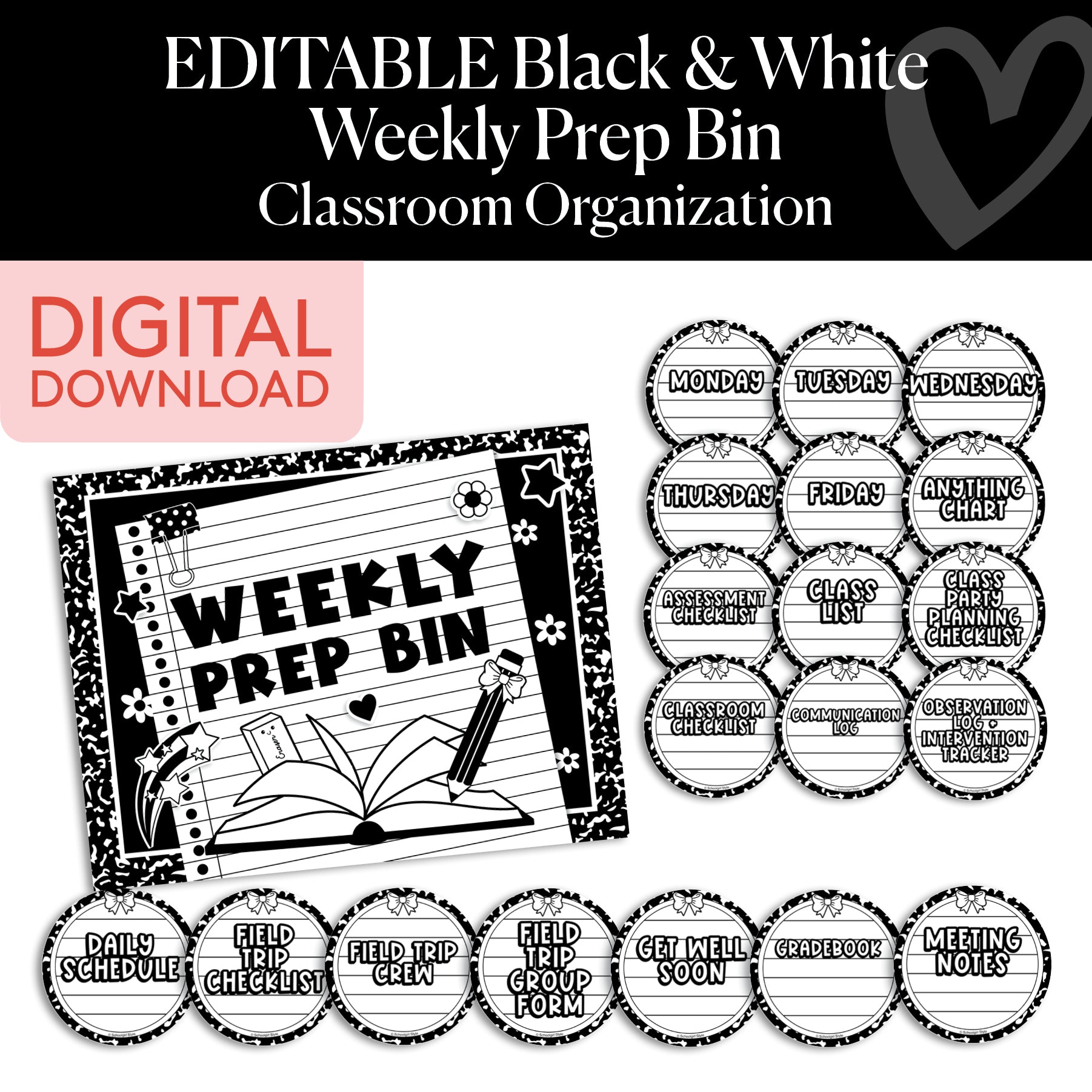 Printable Black and White Weekly Prep Bin