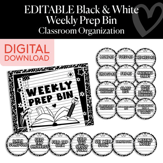 Printable Black and White Weekly Prep Bin